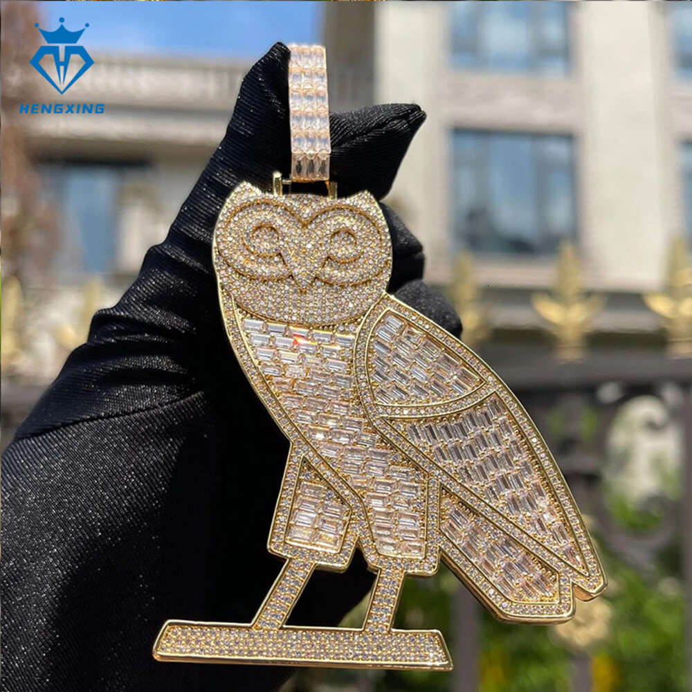 Hip Hop Jewelry Sier Rose Gold Plated Baguette Cut VVS Moissanite Animal Owl Pendants Charms Necklace Men And Women