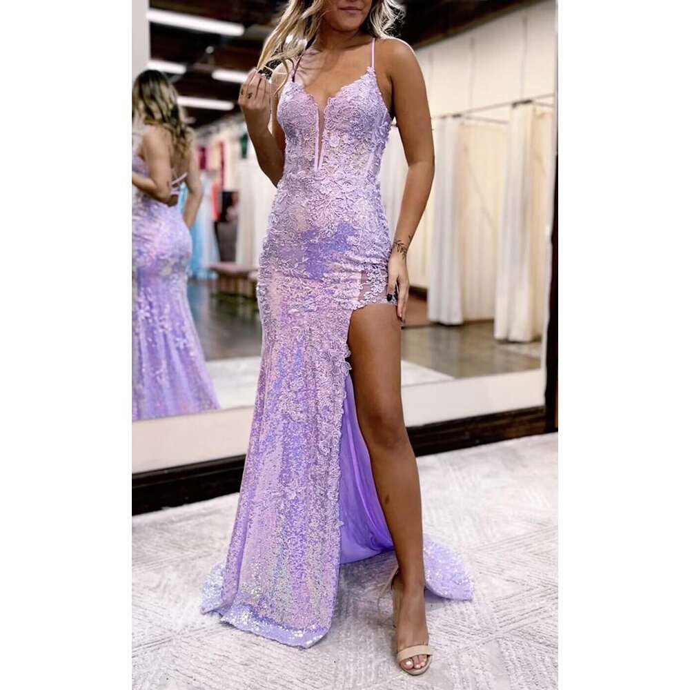 Lace Appliques Sequin Prom Dresses 2024 V Neck Formal Dress for Women Mermaid Evening Gown with Slit prom AMZ