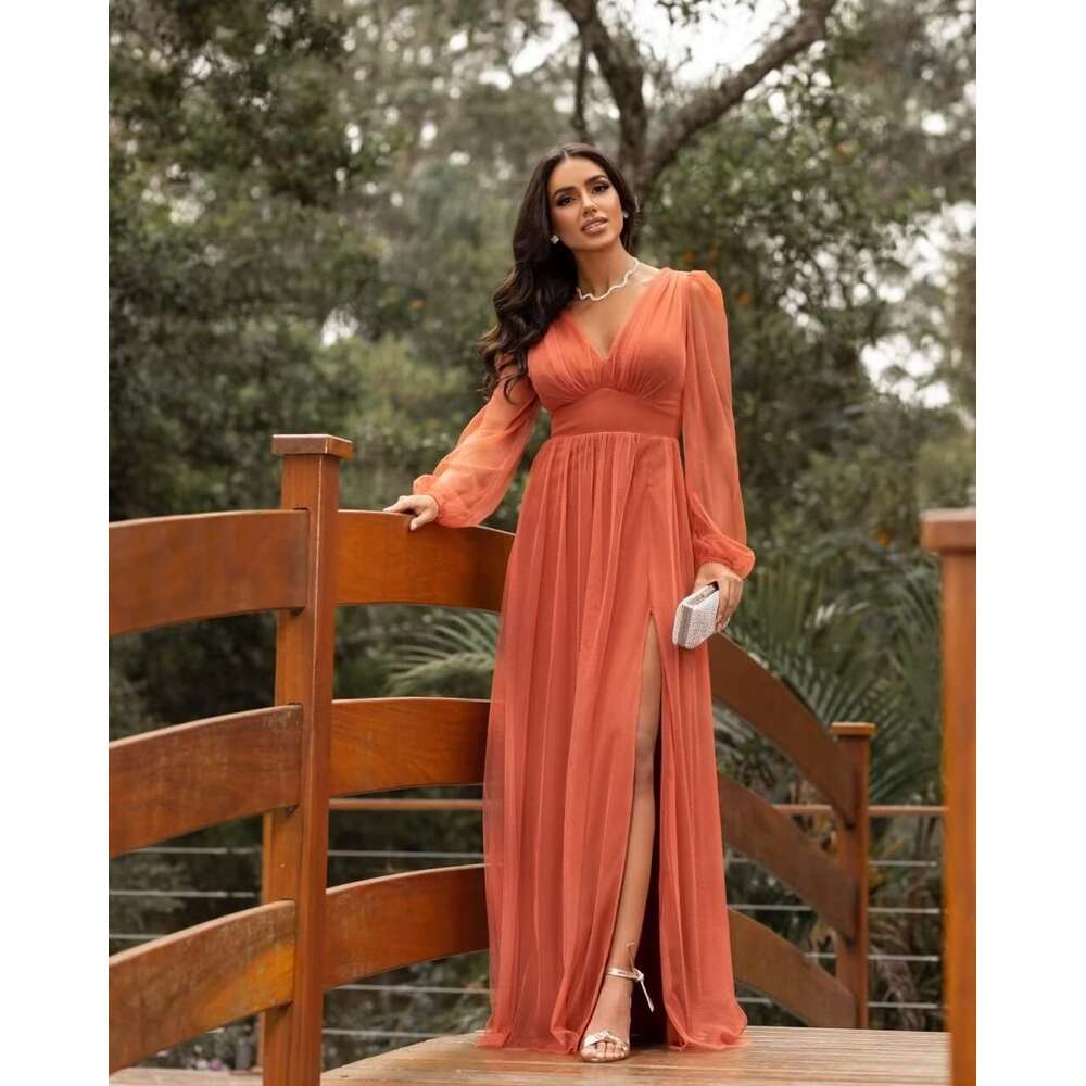 MARSEN Long Sleeve Bridesmaid Dresses for prom V Neck Formal with Slit Chiffon Prom Dress prom AMZ