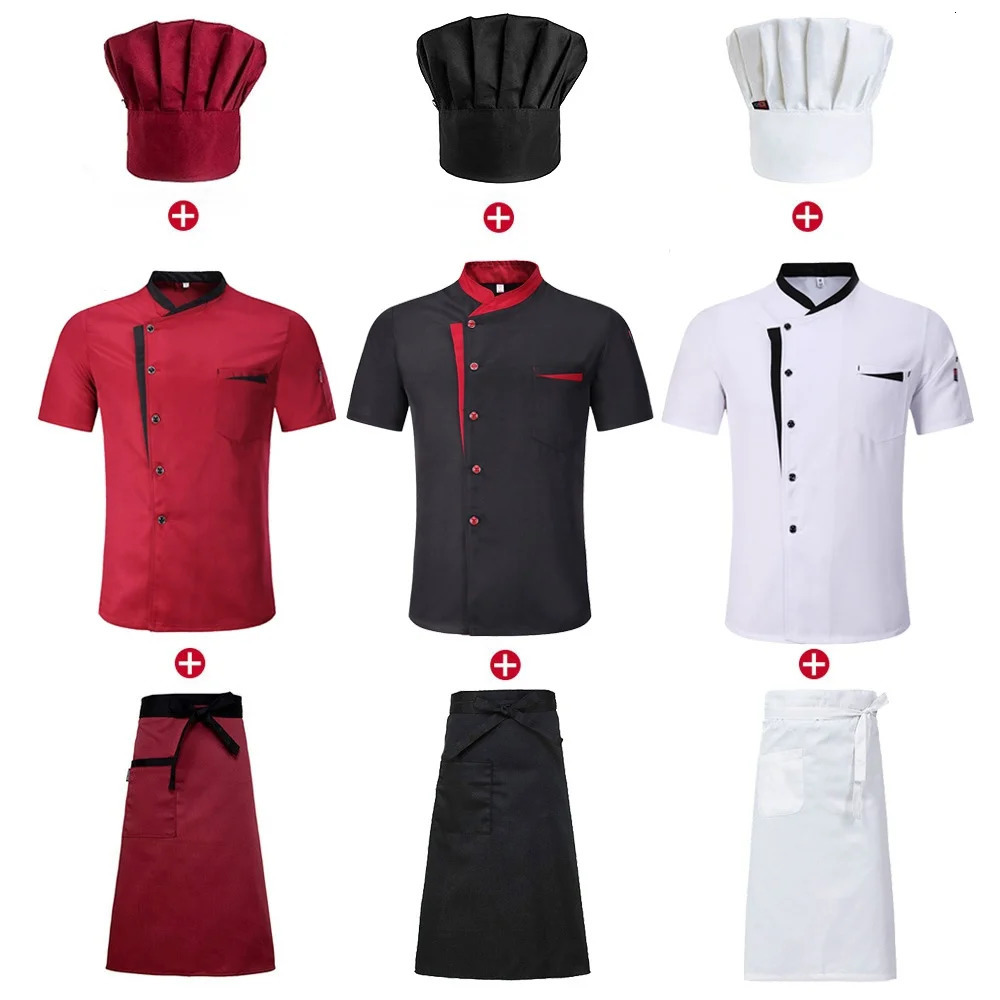 Short Sleeve Chef Jacket Set el Kitchen Work Uniform Cook Restaurant Cooking ShirtsHatApron 240513