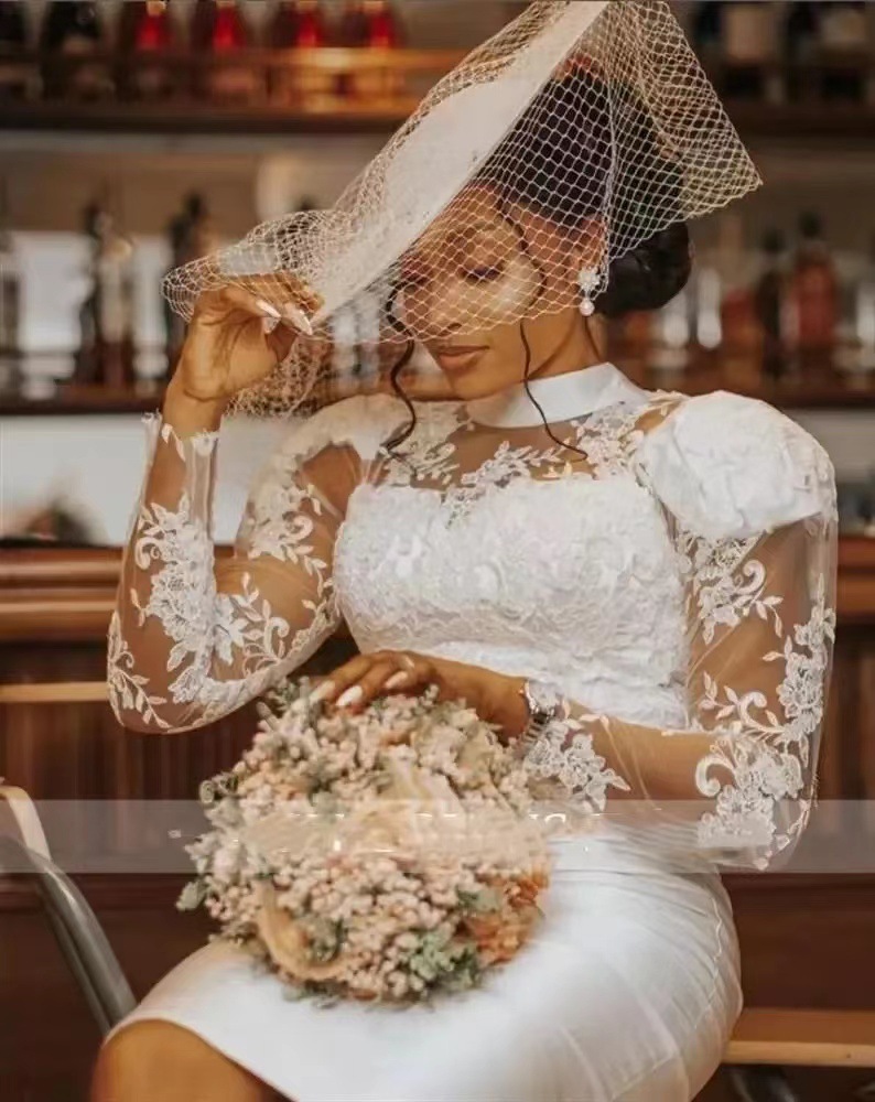 Sheath Knee Length Wedding Dresses High Neck Lace Appliques Long Sleeves Elegant Bridal Gowns Back Slit Ivory Satin Short Reception Dress For Women 20