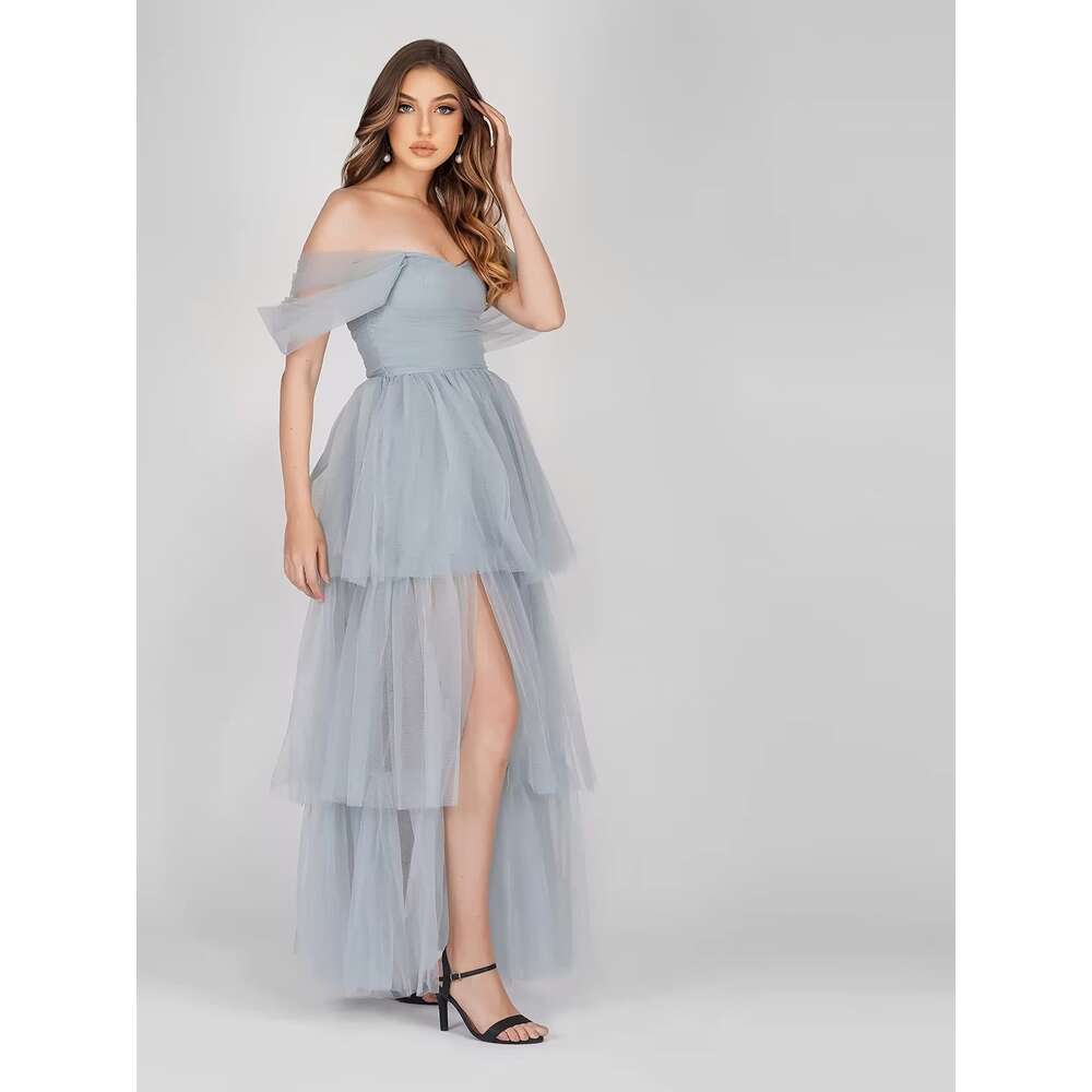 Off The Shoulder Tulle Prom Layered Ruffles Ball Gown for Women Formal Maxi Dresses with Split prom AMZ