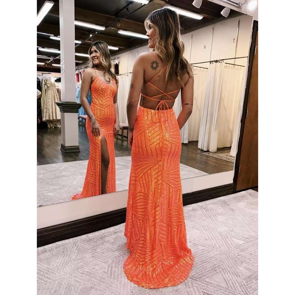 Spaghetti Straps V Neck Sequin Prom Dress with Slit Sparkly Mermaid Formal Dresses Long Backless Evening Gown prom AMZ