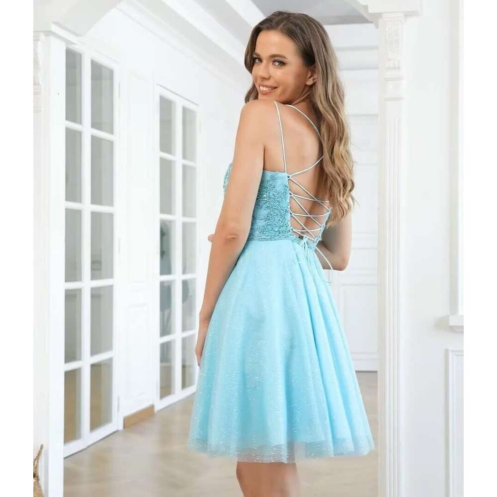 Sparkly Tulle A Line Homecoming Short Prom Dresses for Teens Spaghetti Straps Beads Mini tail Dress prom AMZ