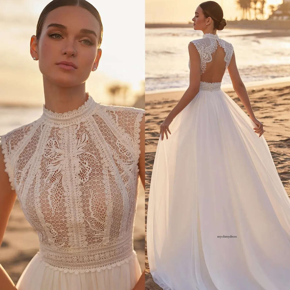 Boho A Line Dresses For Bride High Neck Lace Wedding Dress Backless Designer Bridal Gowns 0515