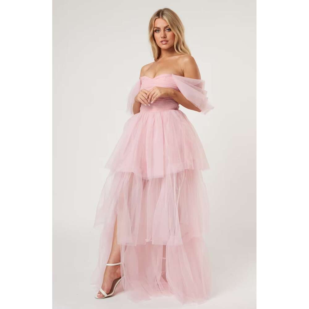 Off The Shoulder Tulle Prom Layered Ruffles Ball Gown for Women Formal Maxi Dresses with Split prom AMZ