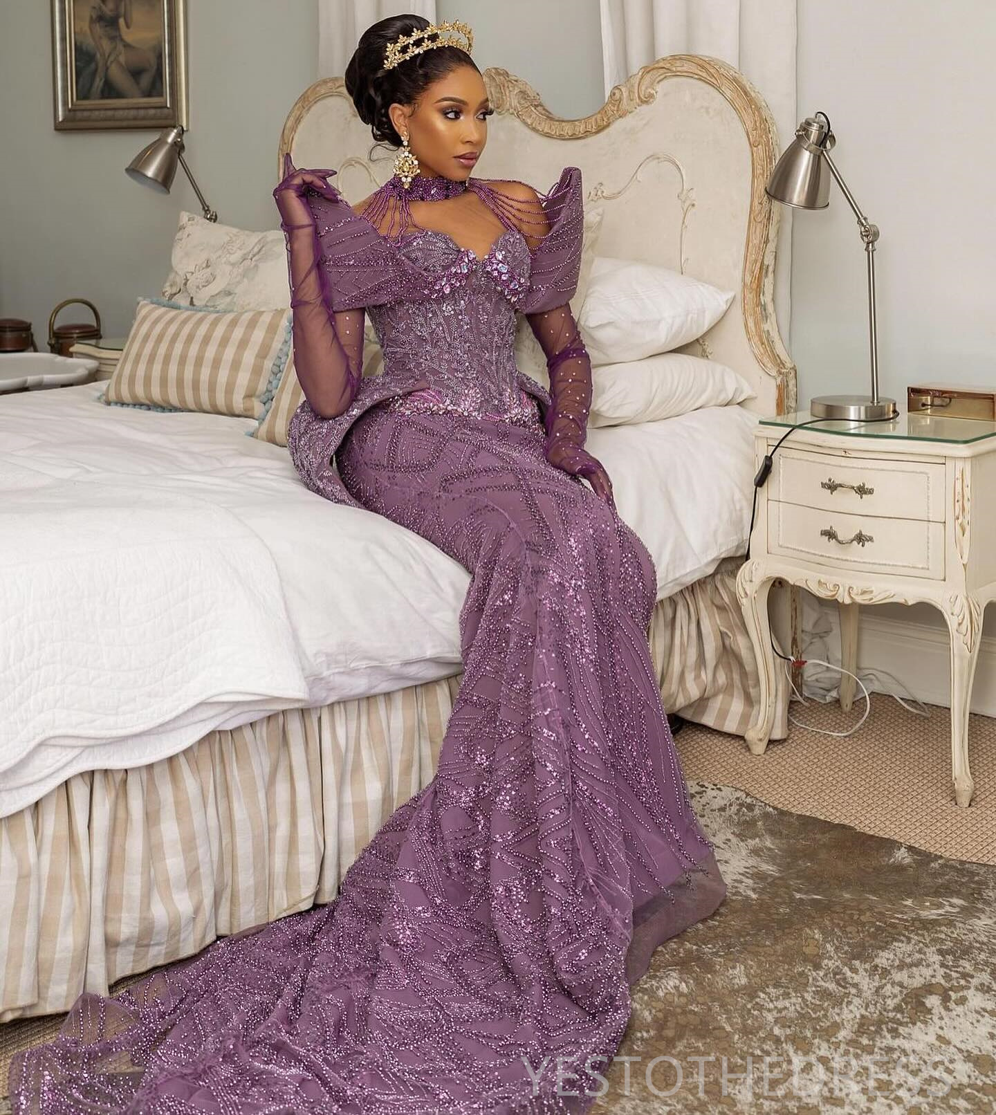 2024 Lilac Plus Size Prom Dresses for Special Occasions Promdress Illusion High Neck Beaded Rhinestones Lace Crystals Tassel Birthday Second Reception