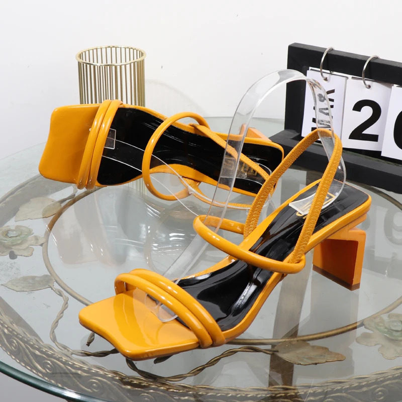 summer sandals with thick square heel and elastic band plus size womens shoes high-grade joker sandals elegant heeled shoe 240514