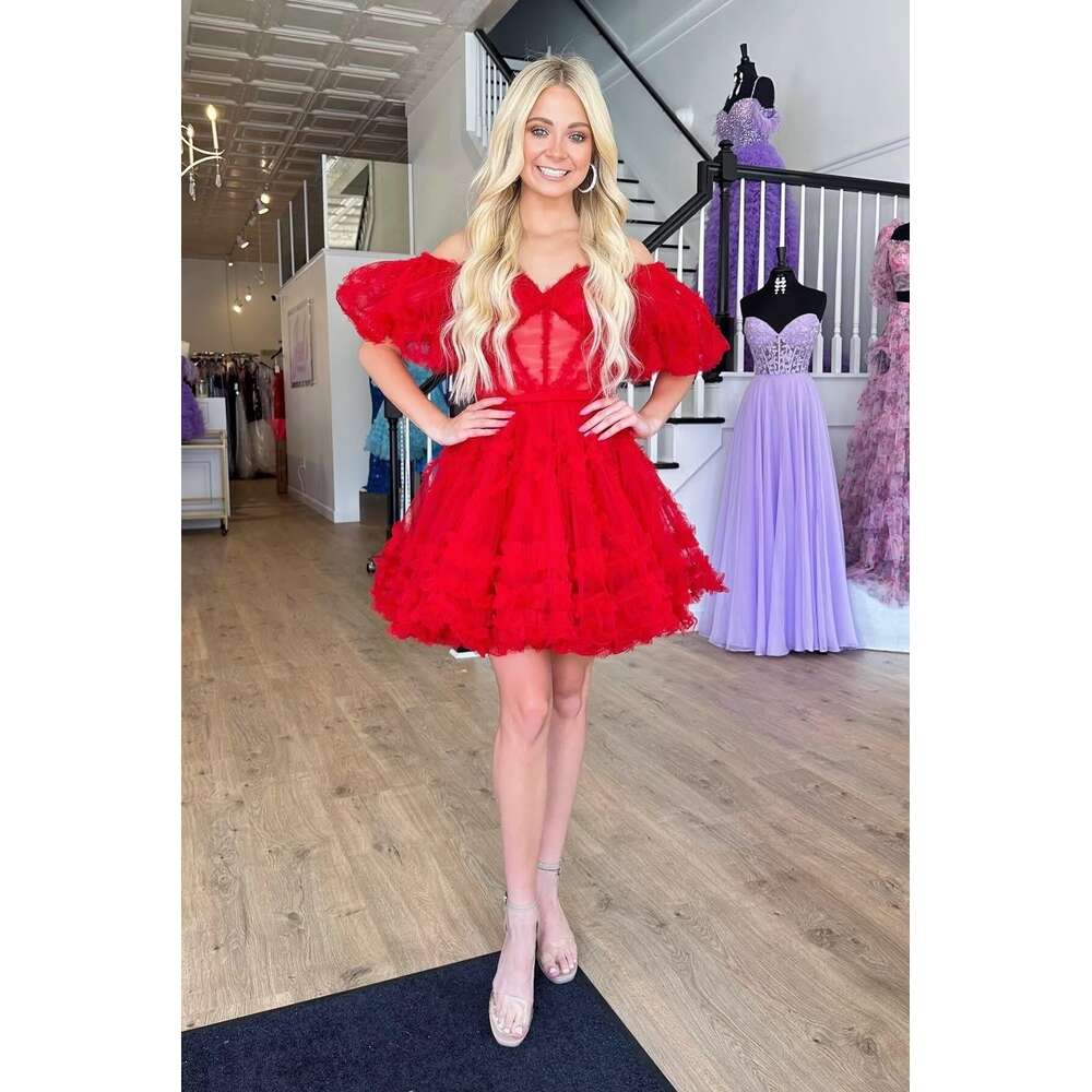 Off Shoulder A Line Homecoming Puffy Sleeve Tulle Short Prom Ruffles Mini Dresses for Party prom AMZ