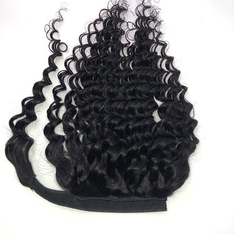 Brazilian Human Hair Ponytails Deep Wave Hook & Loop Curly Hair Extensions 12-28inch Natural Color 70-95g