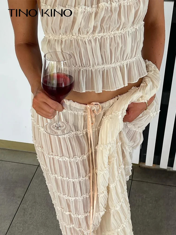 Fashion Solid Hang Neck Long Skirt Suit Women Backless Sling Top Lace Up Fold Maxi Skirts 2024 Spring Summer Female 2 Piece Set 240515