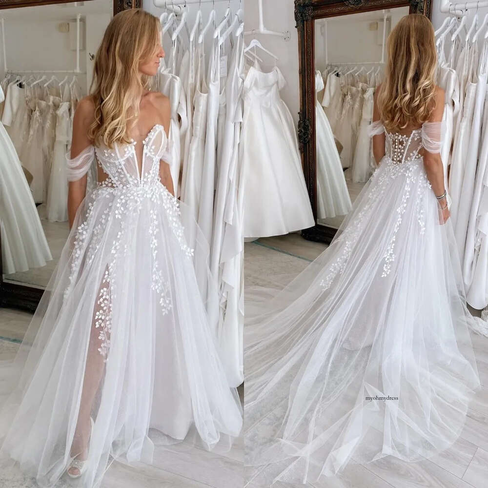 Boho A Line Dress For Bride Off Shoulder Lace Wedding Dresses Bridal Gowns Vestidos Novia Bodice Backless Country Robe De Mariage 0515