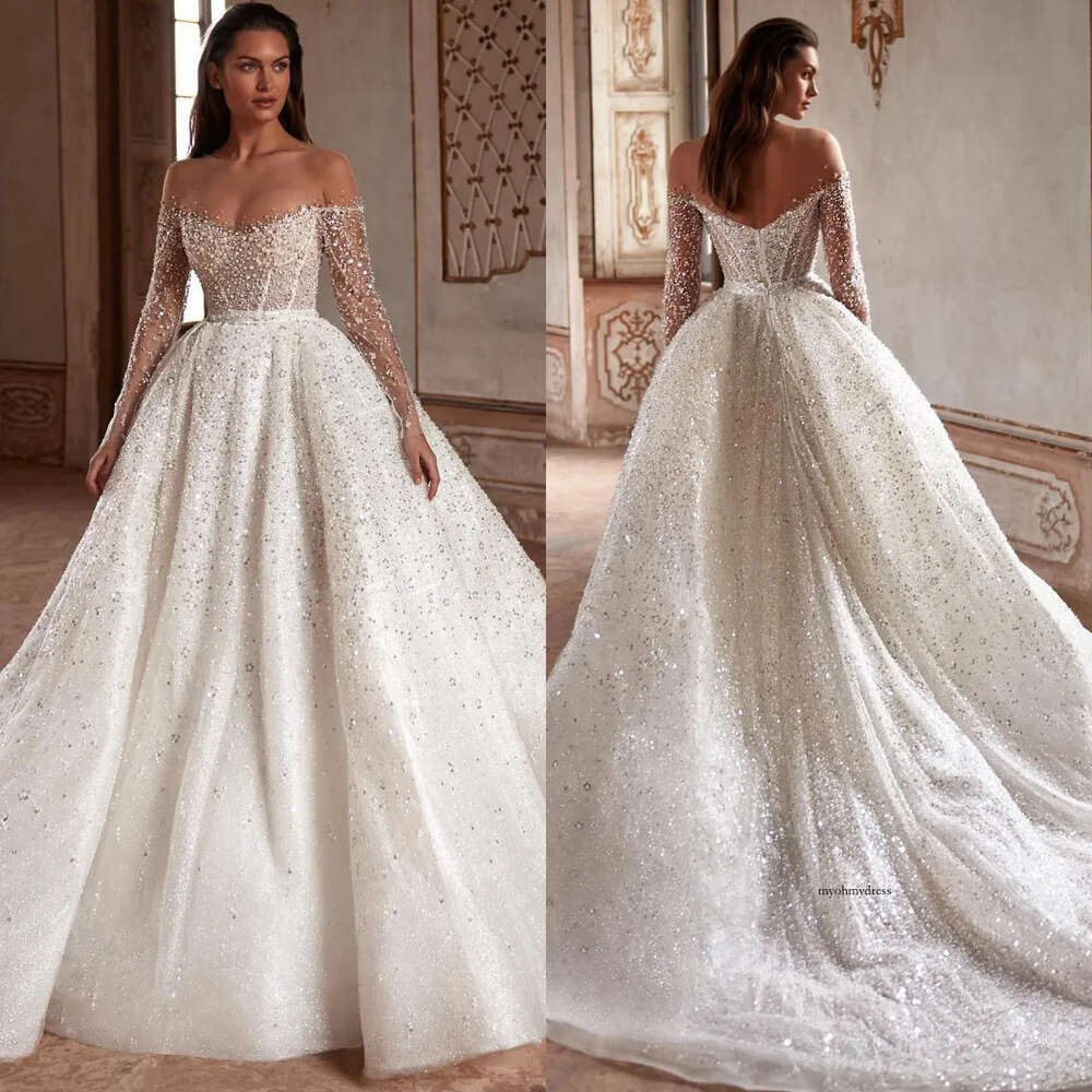 Milla Nova A Line Dresses For Bride Illusion Neck Long Sleeves Wedding Dress Beads Pearls Sequins Designer Bridal Gowns 0515
