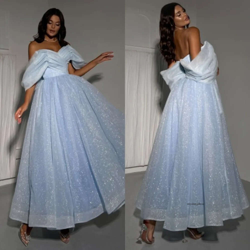 Light Blue Prom Dresses A Line Off Shoulder Formal Evening Dress Elegant Ankle Length Glitter Long Special Ocn Party Dress 0515