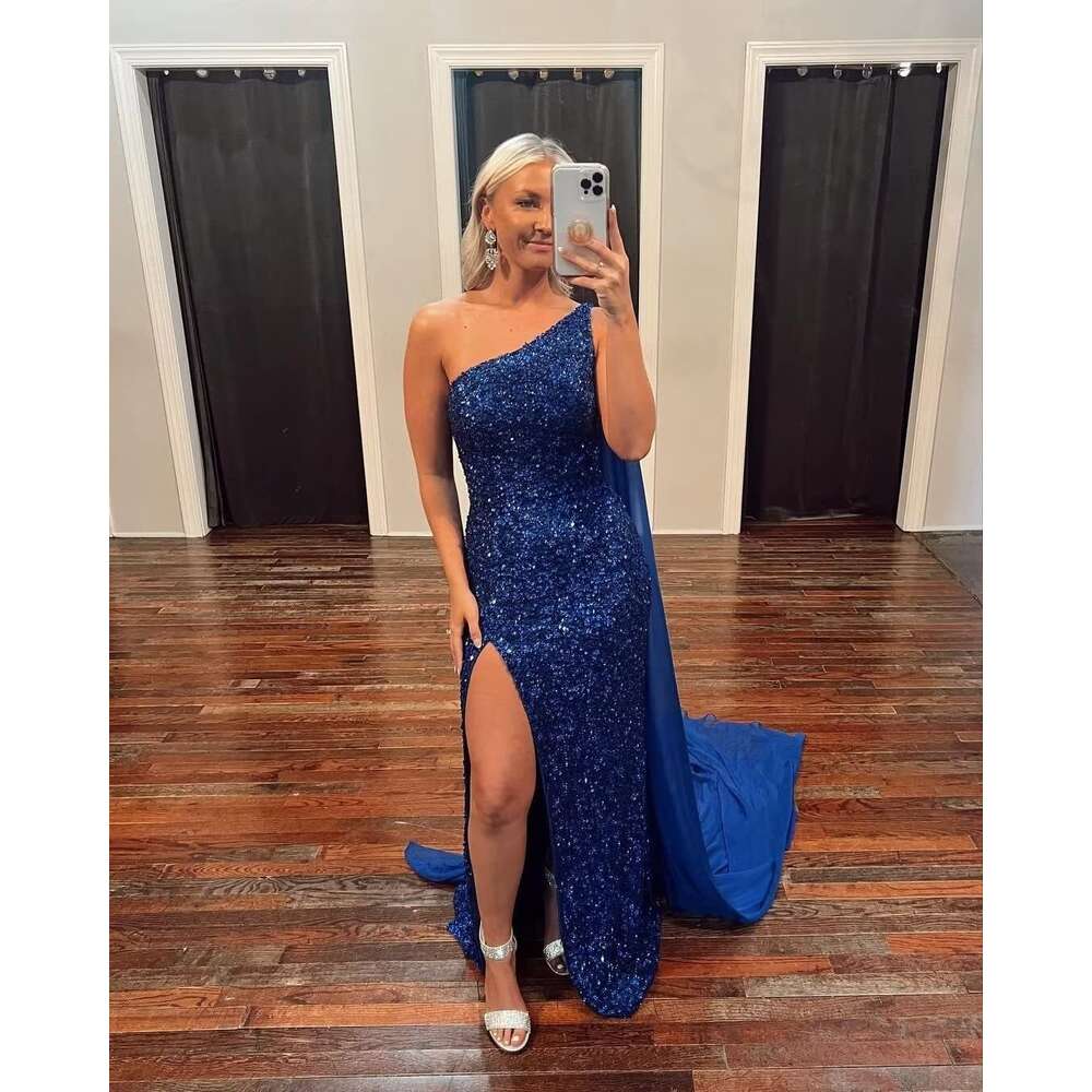 One Shoulder Sequin Prom Dresses with Cape Mermaid Evening Gowns Slit Backless Formal Dress prom AMZ