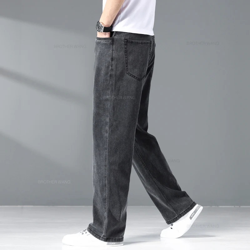 Summer Ice Silk Thin Light Gray Jeans for Men Loose Wide Leg Plus Size Casual Trousers High Quality Stretch Soft Fabric Pants 240430