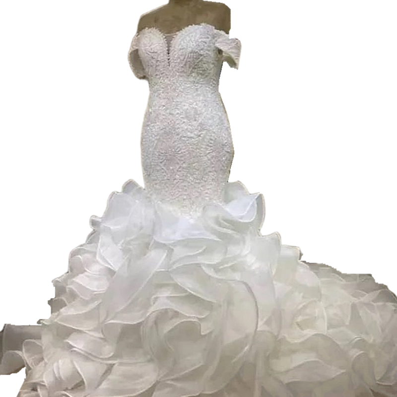 2024 Cascading Ruffles Mermaid Wedding Dresses Court Train Off The Shoulder Sweetheart Lace Long Tiered Bridal Gowns Back Lace-Up Modern Trumpet Robe 
