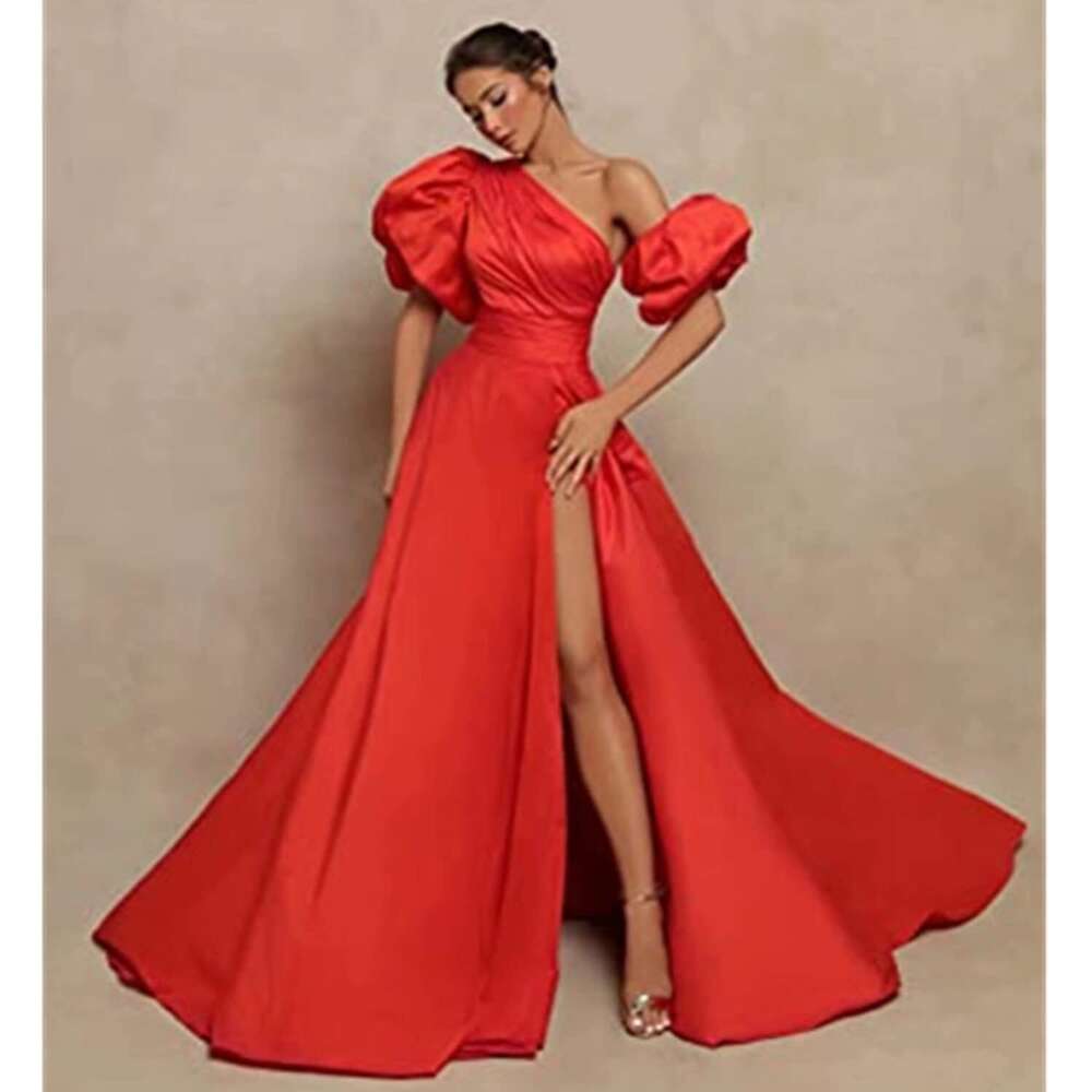 Women's Short Puffy Sleeves Prom Dresses Side Split Ruched Formal Evening Gowns prom AMZ