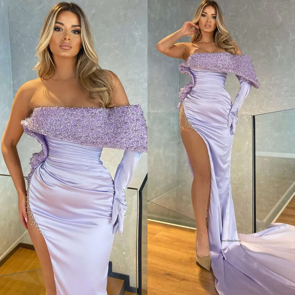 Off Lavender Evening Sequins Pearls Shoulder Formal Mermaid Party Prom Dress Pleats Thigh Slit Dresses For Special Ocn 0515