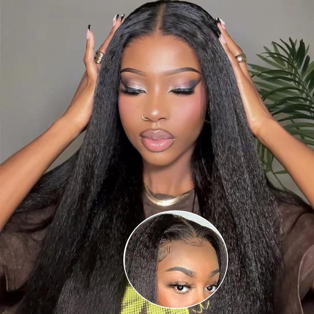 V Part Wig Yaki Straight Human Hair No Leave Out Glueless Upgraded for Women,10A Yaki Straight V-part Wigs V Shape Clip in Half Wig Ready to Go 150% D