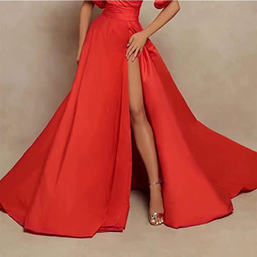 Women's Short Puffy Sleeves Prom Dresses Side Split Ruched Formal Evening Gowns prom AMZ
