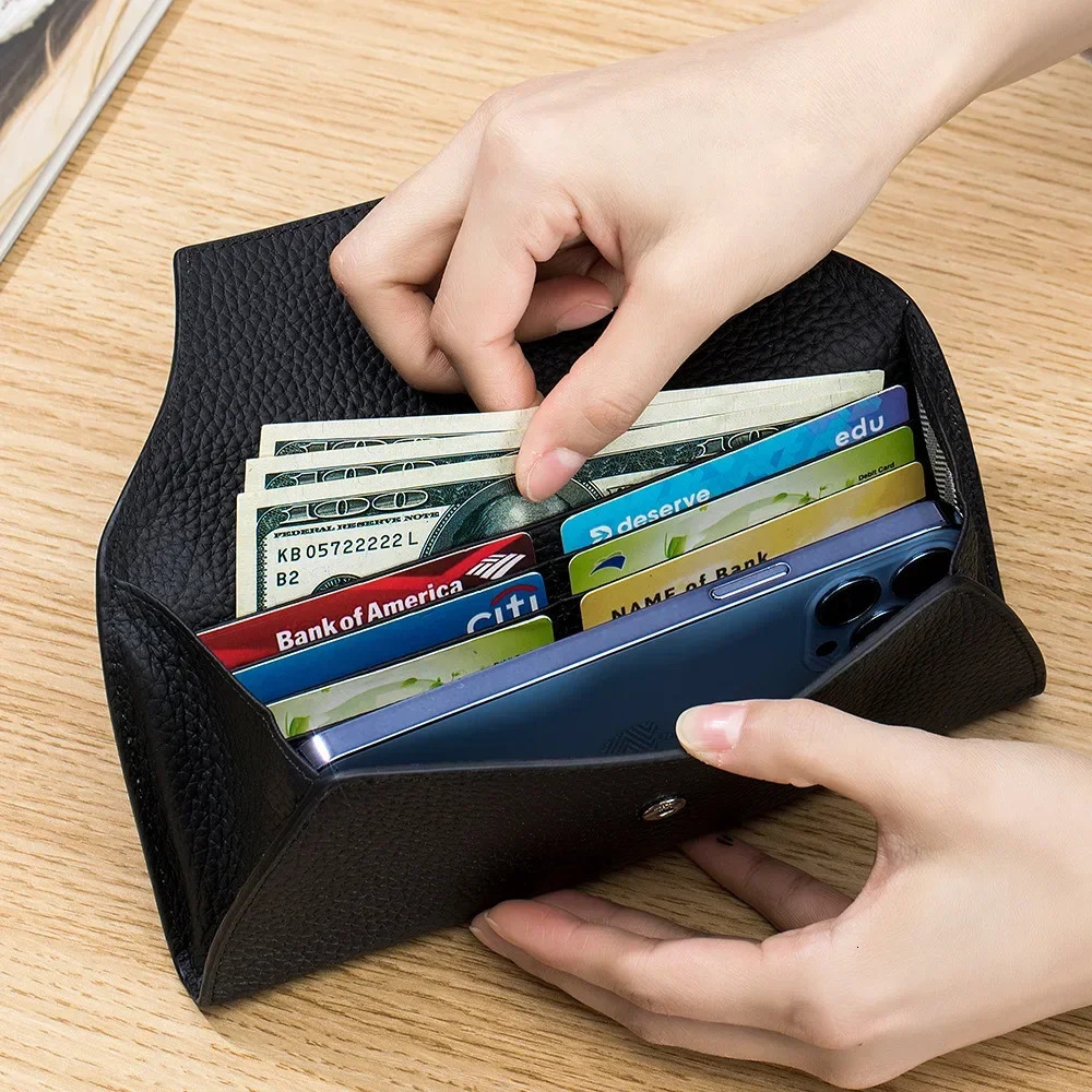 Long Wallet Bags Genuine Leather Women Clutch Simple Coin Purse Card Holder Key Lipstick Storage Phone Pouch Case For Girls 240514