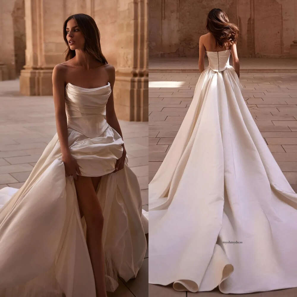 Milla Nova A Line Dress Strapless Satin Backless Wedding Dresses Pleats Vestidos De Novia Sweep Train Designer Bridal Gowns 0515