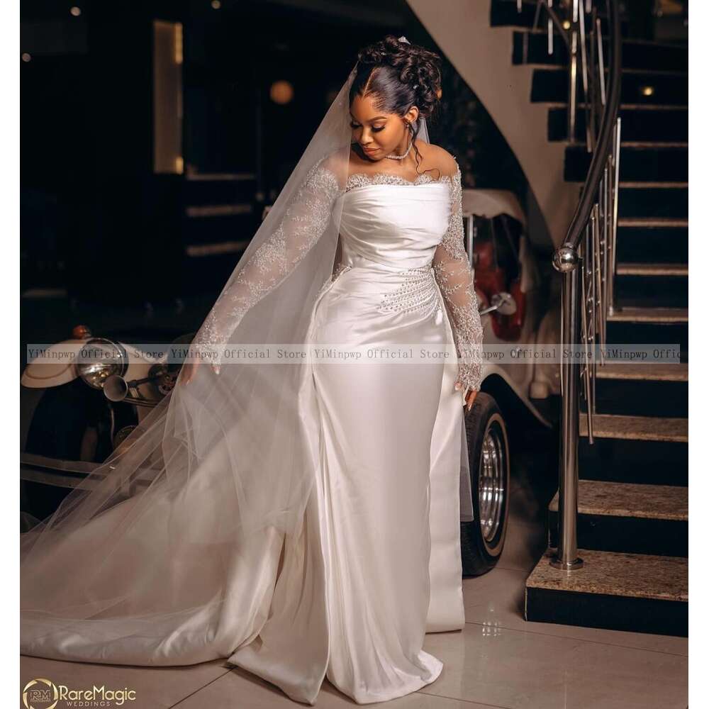 White Mermaid Wedding Dresses with Detachable Train Sheer Neck Long Sleeve up Closure Lace Beading African Bridal Gowns