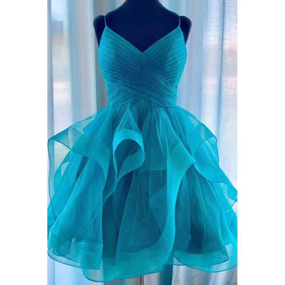 Glitter V Neck Tulle Homecoming Layered Ruffles Short Prom Spaghetti Straps Mini tail Dresses for Teens prom AMZ