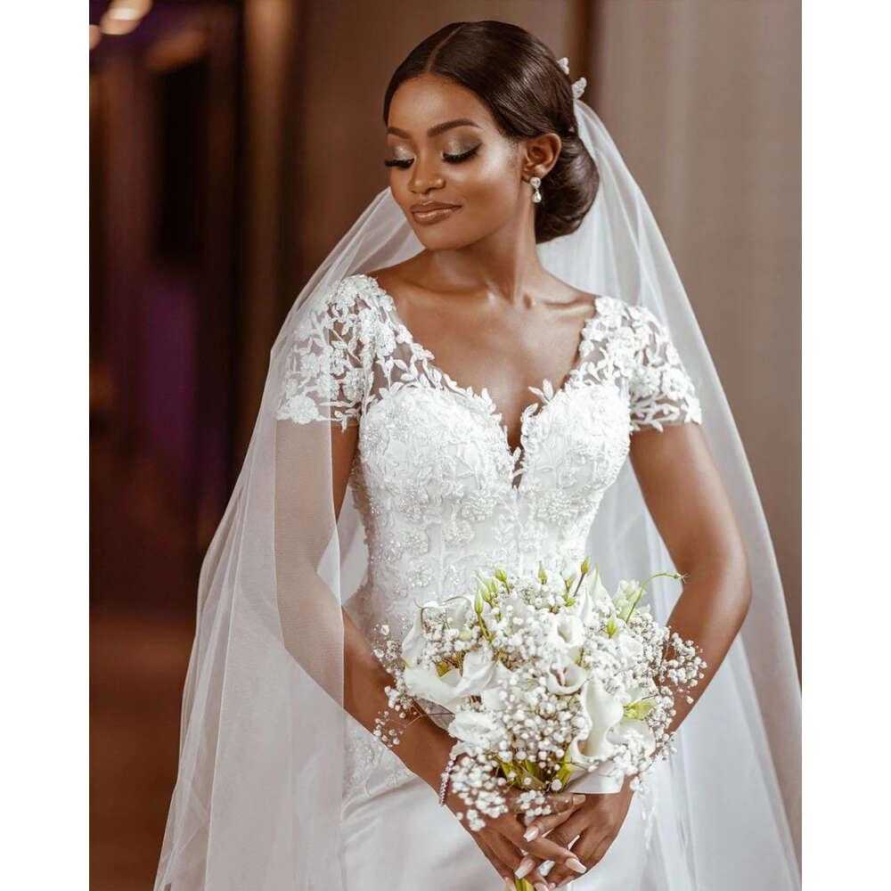 Sparkly Mermaid Satin Long Sleeve Wedding Dress 2024 Lace Appliqus Vestido De Noiva Sereia African Bridal Gown