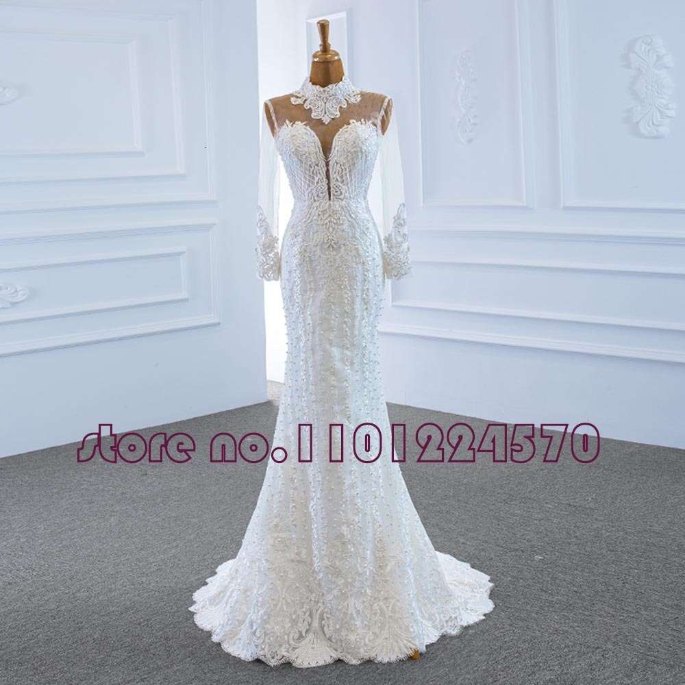 O-Neck Lace Up Back Long Sleeve Pearls Appliques 2 Pieces Mermaid Wedding Dress With Detachable Train Vestido de Noiva Sereia