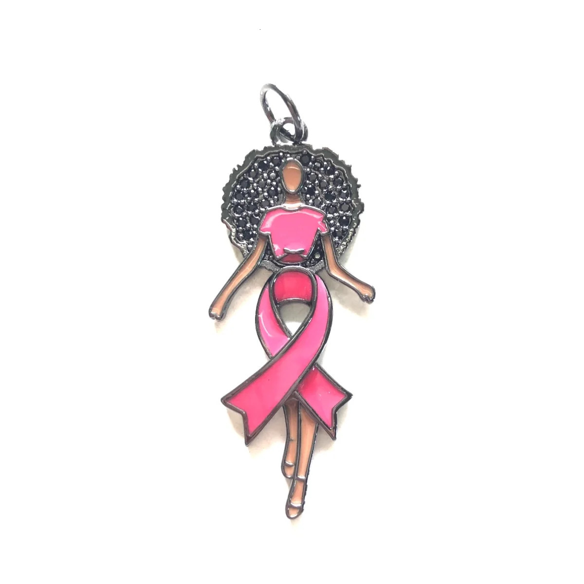 5pcs Enamal Pink Ribbon Afro Black Girl Charms Zirconia Pave Breast Cancer Awareness Pendants for Women Bracelet Necklace Making 240514