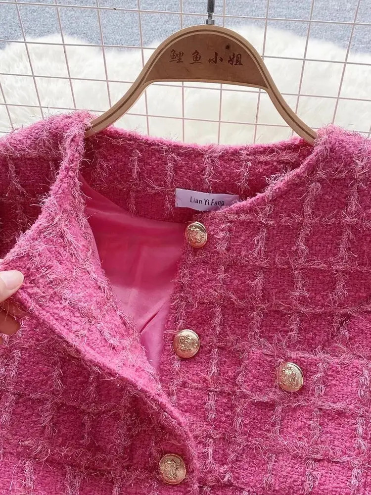 Autumn Winter Fashion Rose Red Woolen Two Piece Set Women Golden Button Chain Belt Tweed Short Jacket CoatSplit Midi Skirt Suit 240507