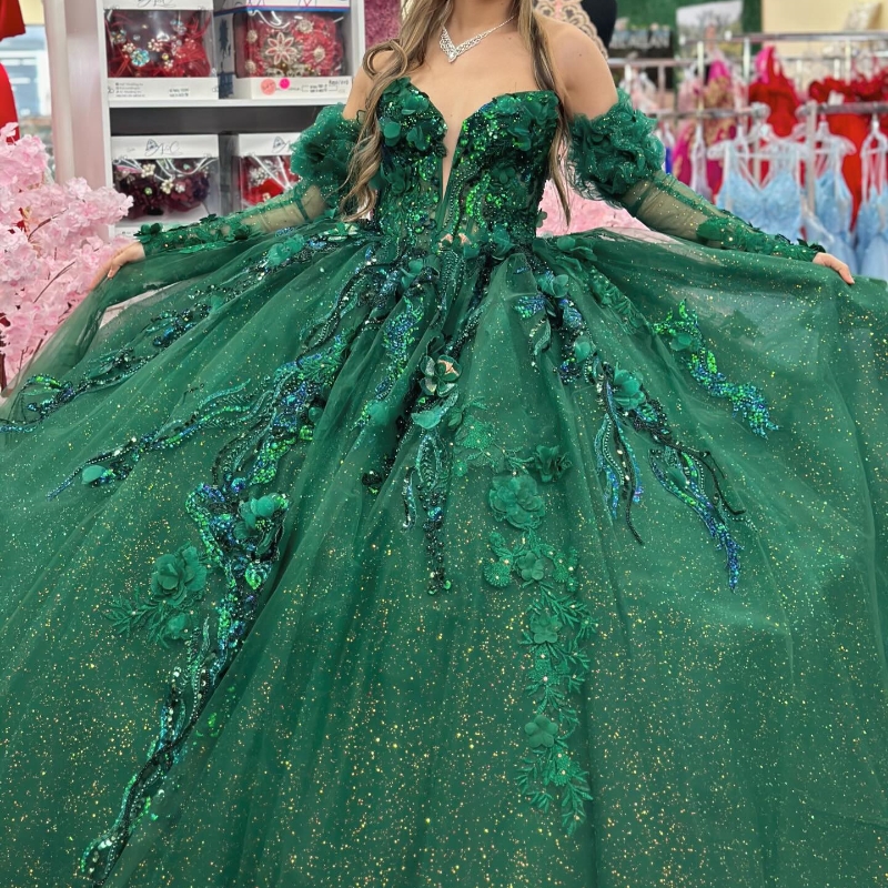 Emerald Green Shiny Princess Quinceanera Dress Off The Shoulder Ball Gown Lace Applique Beading Tull Corset Sweet 16 Vestido 15 De Anos
