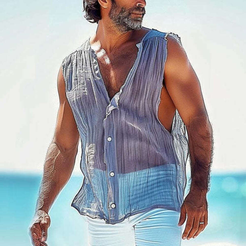 New men's sleeveless vest, solid color V-neck, summer casual fashion button top, versatile temperament M515 30 ddmymarket