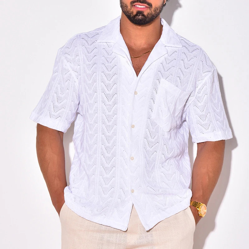 Summer Trendy Breathable Knit Mens Shirt Short Sleeve Lapel Buttoned Knitted Tops Beach Style Vintage Jacquard Crochet Knitwear 240506