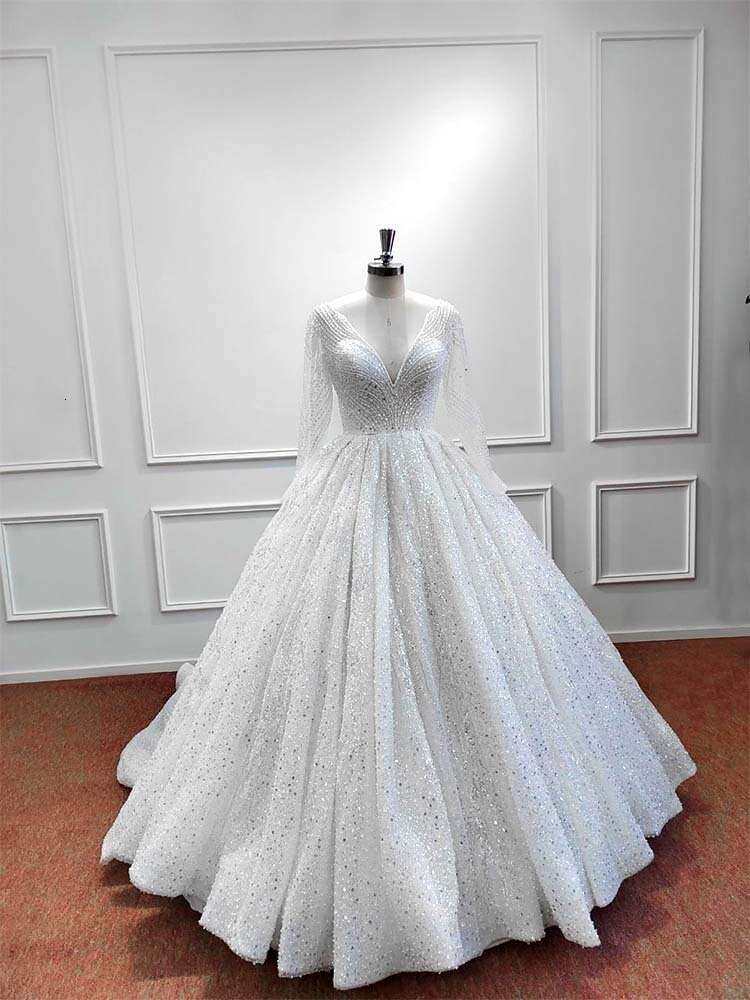 Exquisite Beading Wedding Dresses For Women Sequined Pearls V Neck Crystal Bridal Gowns Formal Ocn Vestidos De Novia