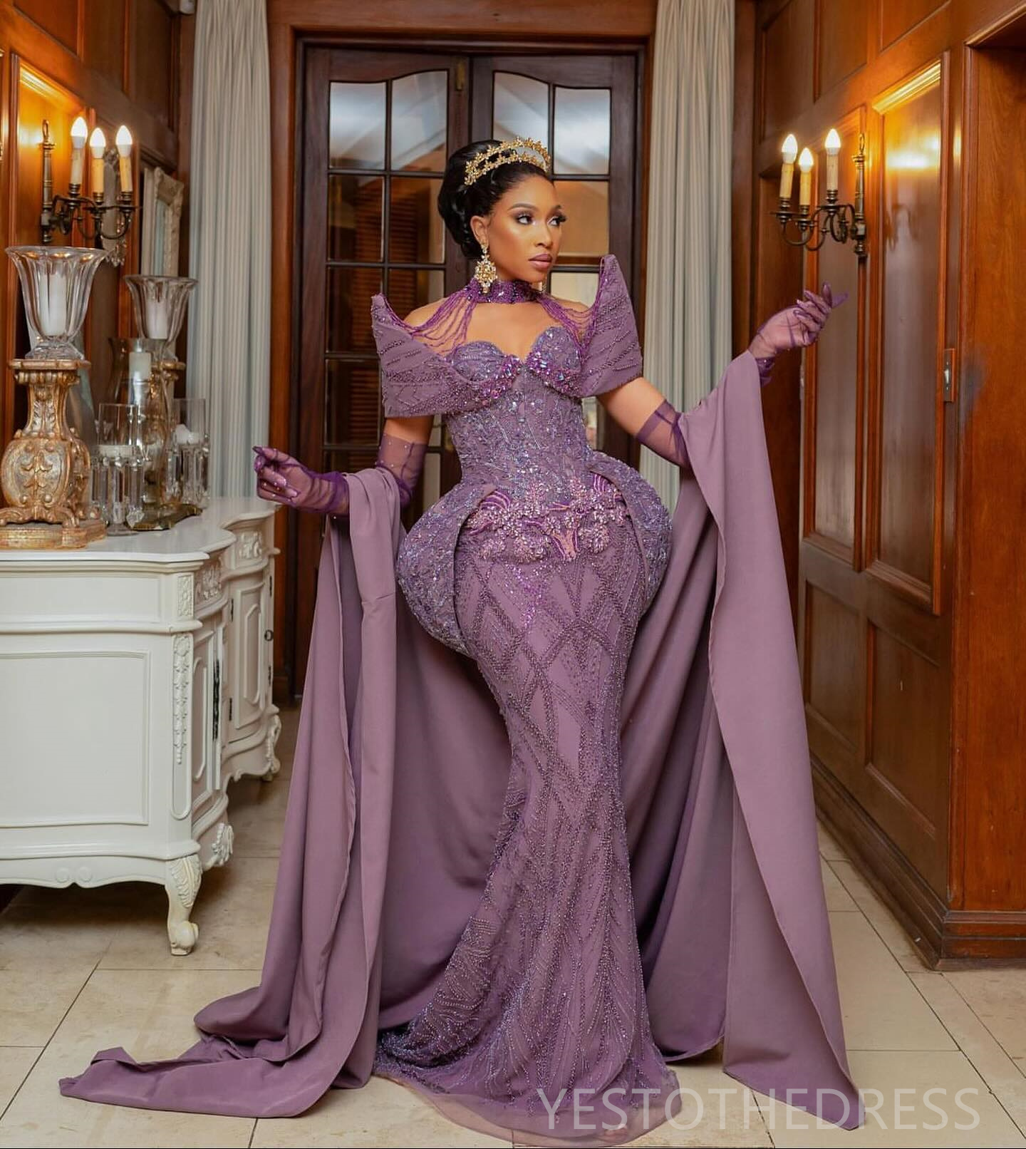 2024 Lilac Plus Size Prom Dresses for Special Occasions Promdress Illusion High Neck Beaded Rhinestones Lace Crystals Tassel Birthday Second Reception