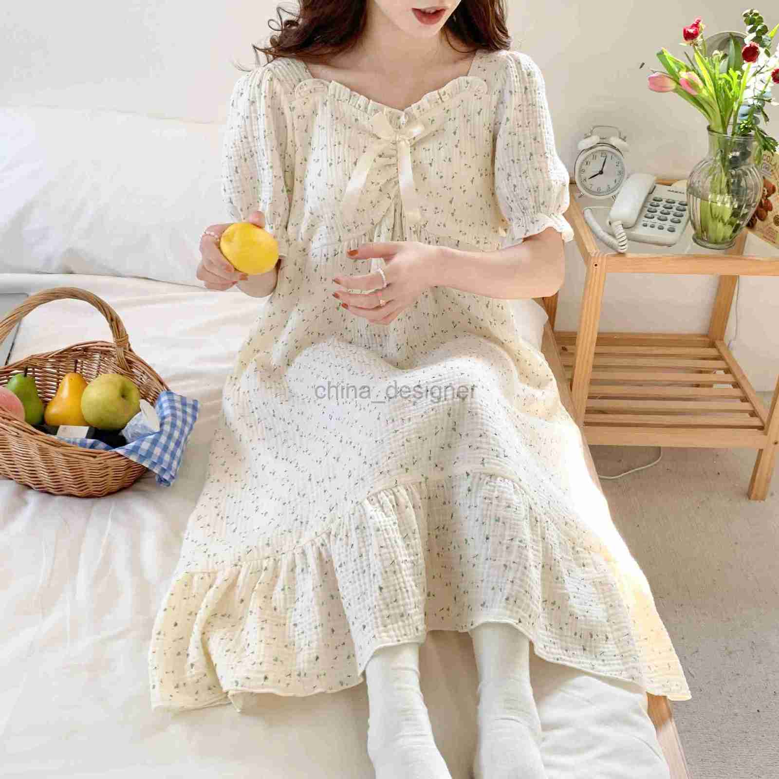 Women's summer pure cotton gauze short sleeved medium length dress with chest pad for sleeping, can be worn as a sweet maternity home outfit