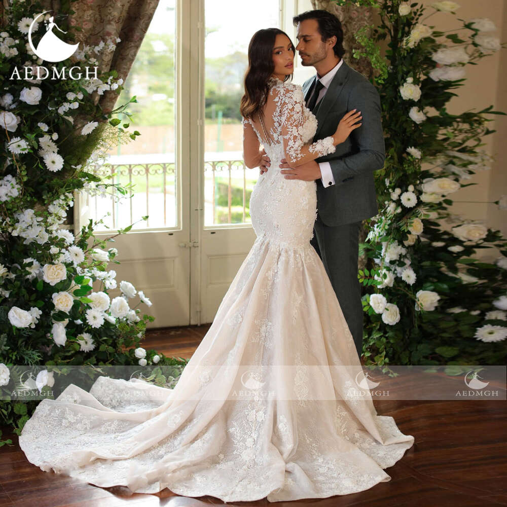 Aedmgh Mermaid Wedding Dresses 2024 High Neck Long Sleeve Elegant Vestido Novia Appliques Court Train Sheath Robe De Mariee
