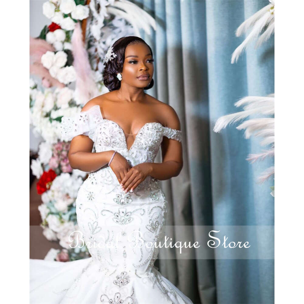 Brilliant African Mermaid Wedding Dress Off Shoulder Pearls Beading Elegant Bridal Gowns Vestido Novia Robe De Mariee Custom 0228Lz
