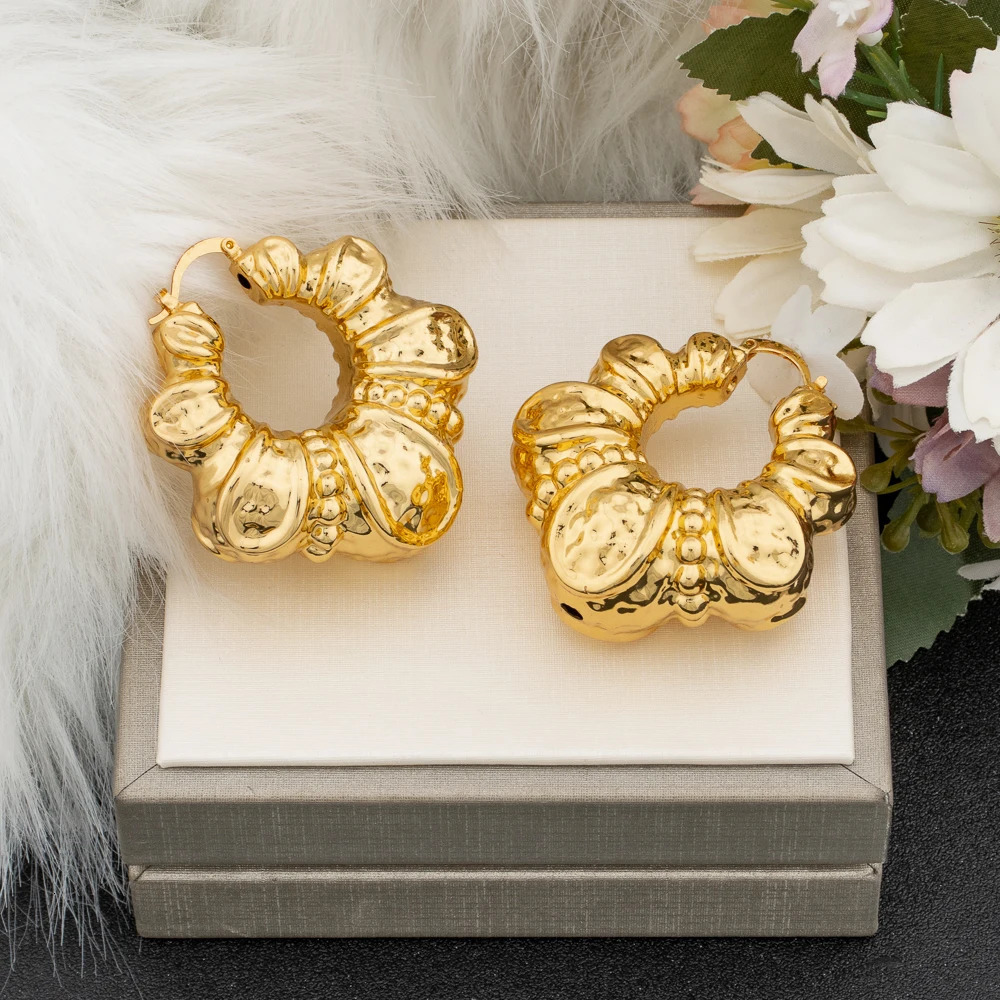 Dubai Gold Color Hoop Earrings for Ladies Weddings Bride Round Dangle African Daily Wear Exquisite Jewellery Gifts 240515