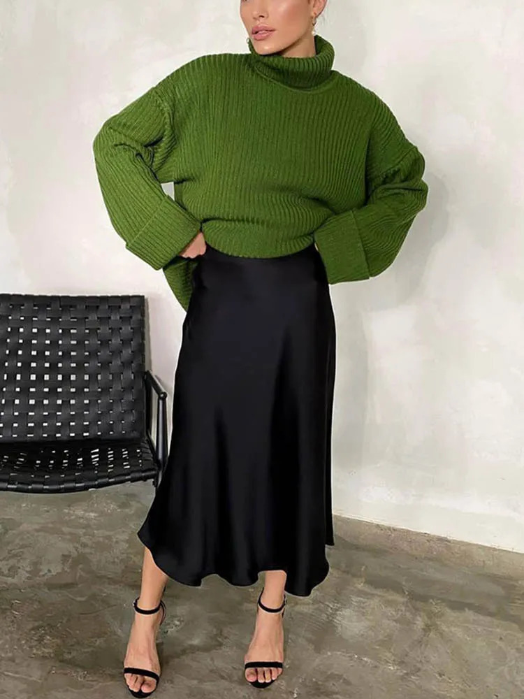 Elegant Womens Skirts High Waist Silk Satin Aline Skirt Lady Fashion Solid Color Purple Long Skirts for Women Fashion 240506