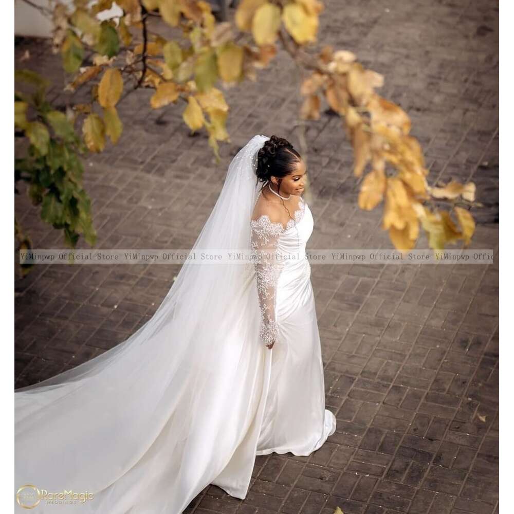 White Mermaid Wedding Dresses with Detachable Train Sheer Neck Long Sleeve up Closure Lace Beading African Bridal Gowns