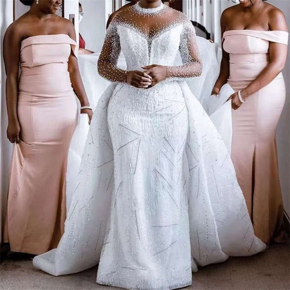 Mermaid Wedding African Plus Size Dresses Sexy Lace Halter Beaded Sequin Dismountable Long Train Custom Made Dress