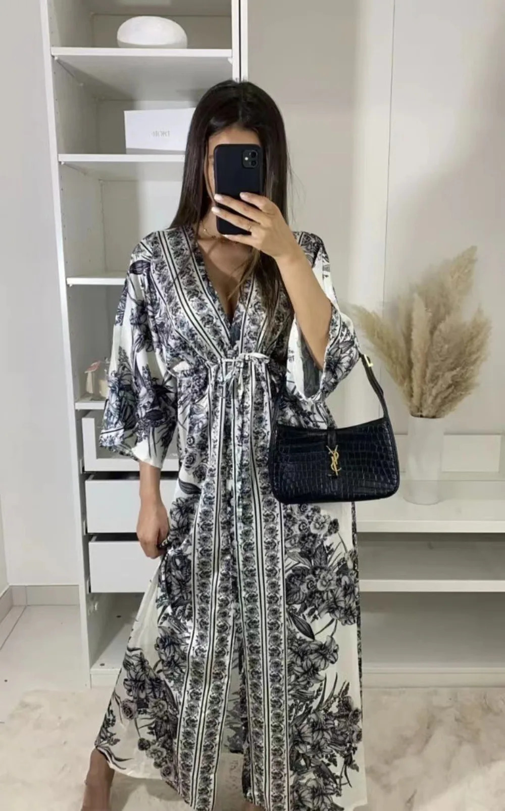 Summer Fashion Printed Lace Up Dress Women CausalBeach Style Vneck Flare Sleeves High Waist Printed Dress Women 240515