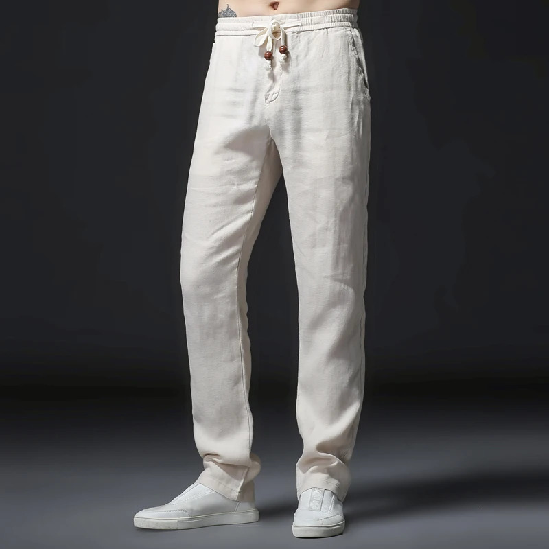 Pure Linen Men Casual Pants Solid White Straight Breathable Fashion Comfortable Full Length Trousers Male Autumn Pant 240515