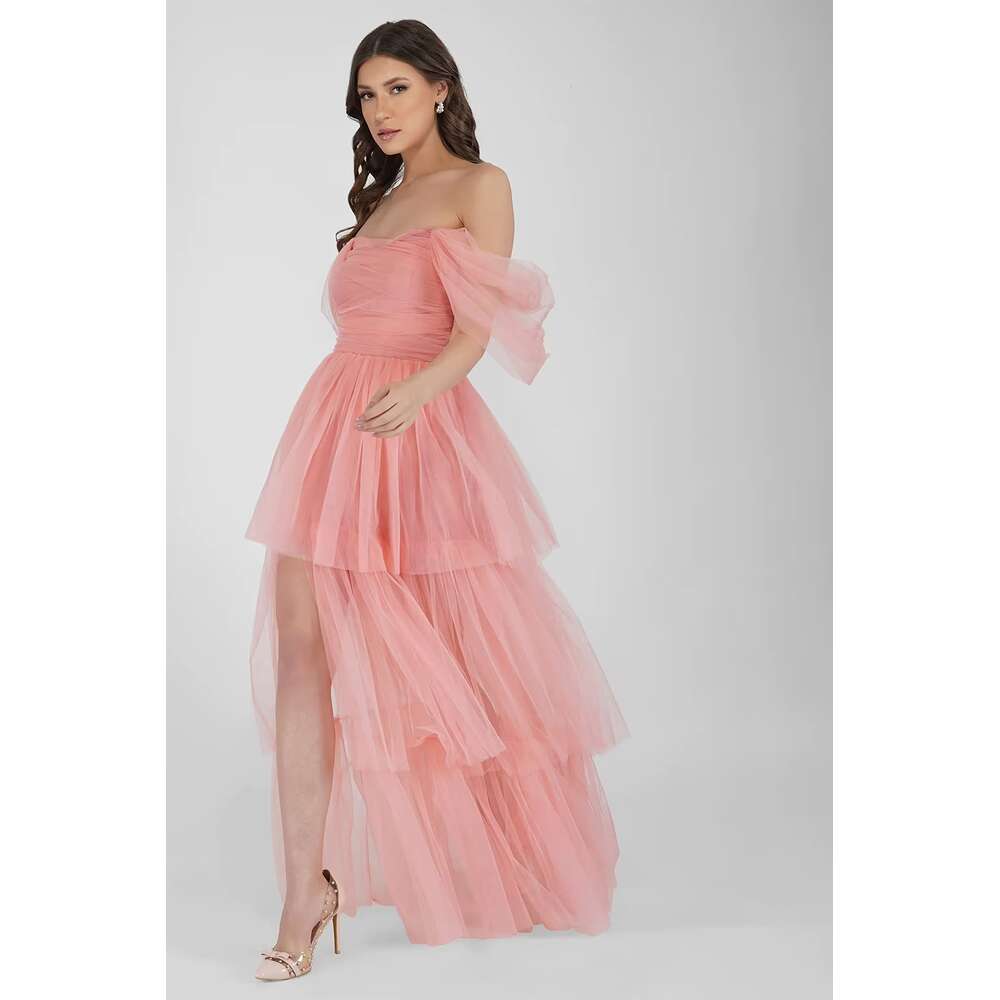 Off The Shoulder Tulle Prom Layered Ruffles Ball Gown for Women Formal Maxi Dresses with Split prom AMZ