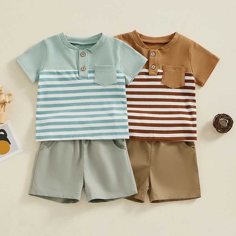 Clothing Sets 0-36months Toddler Boys Summer Outfits Contrast Color Stripe Buttons Pocket T-Shirts Tops And Shorts Baby Boys 2pcs Clothes Set