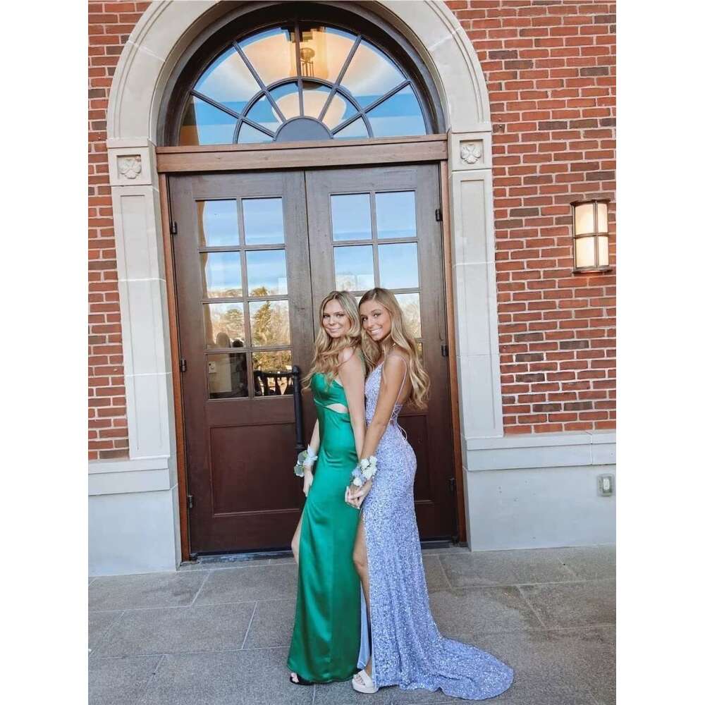 Spaghetti Straps Sequin Prom Dresses V Neck Mermaid Evening Gown with Slit Sparkly Formal Dress prom AMZ